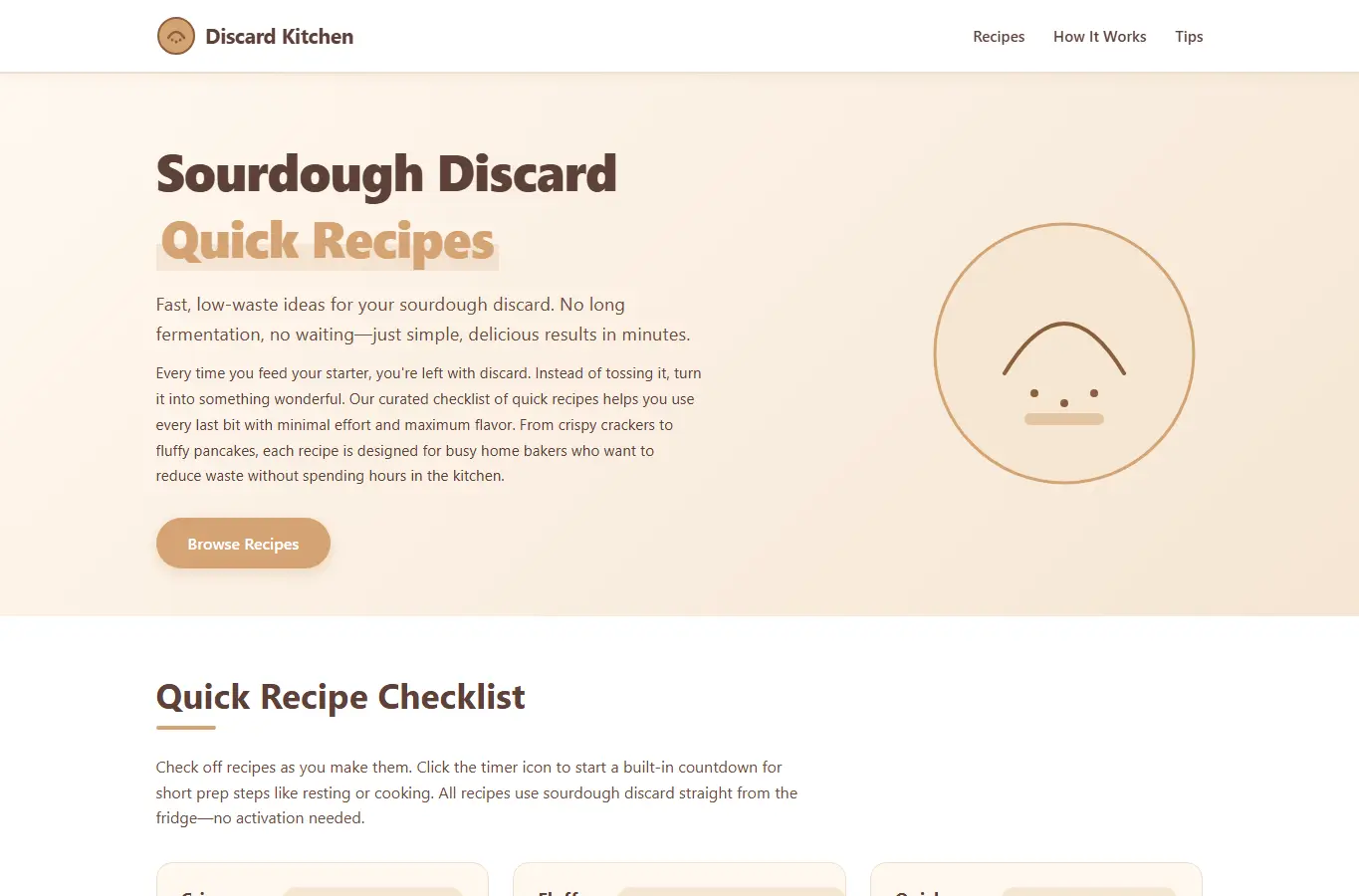Screenshot of Sourdough Discard Quick Recipes interface showing the project page in use